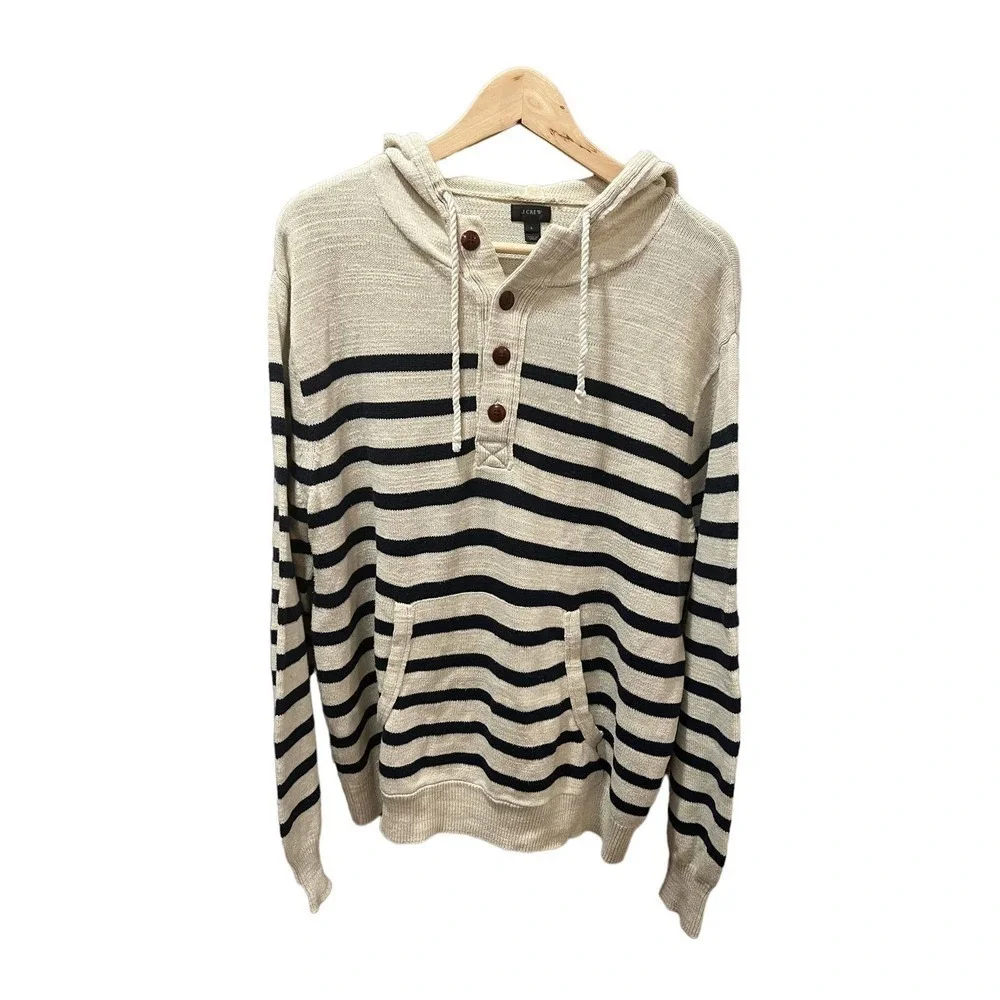 J.Crew Striped Knit Hooded Henley Sweater Kangaroo Pocket L Nautical Preppy